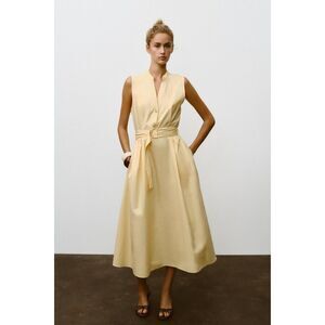 ZARA Belted Poplin Midi Dress – Butter Yellow – Size S